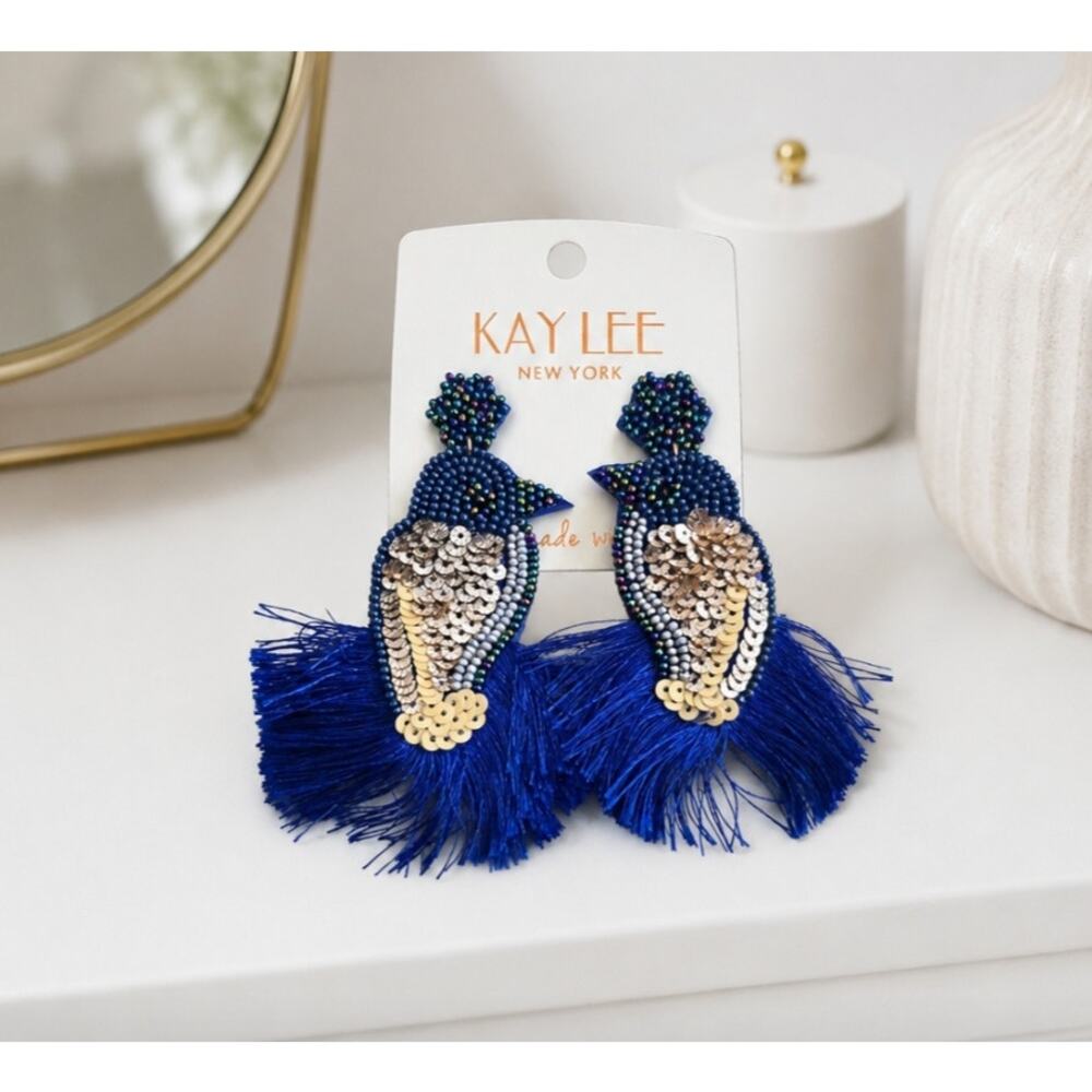 Kay Lee Blue Fringe Sequins Beaded Earrings New